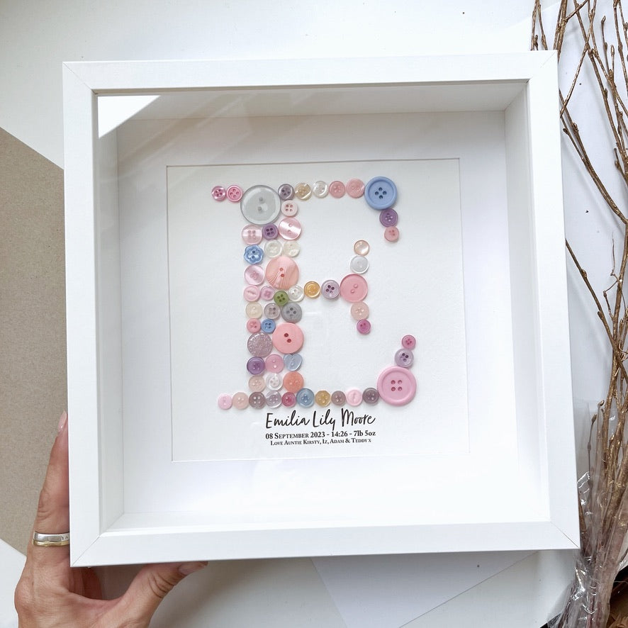 Stunning New Baby gift, a piece of Personalised Button Artwork - Christening, Baptism, Naming Ceremony!